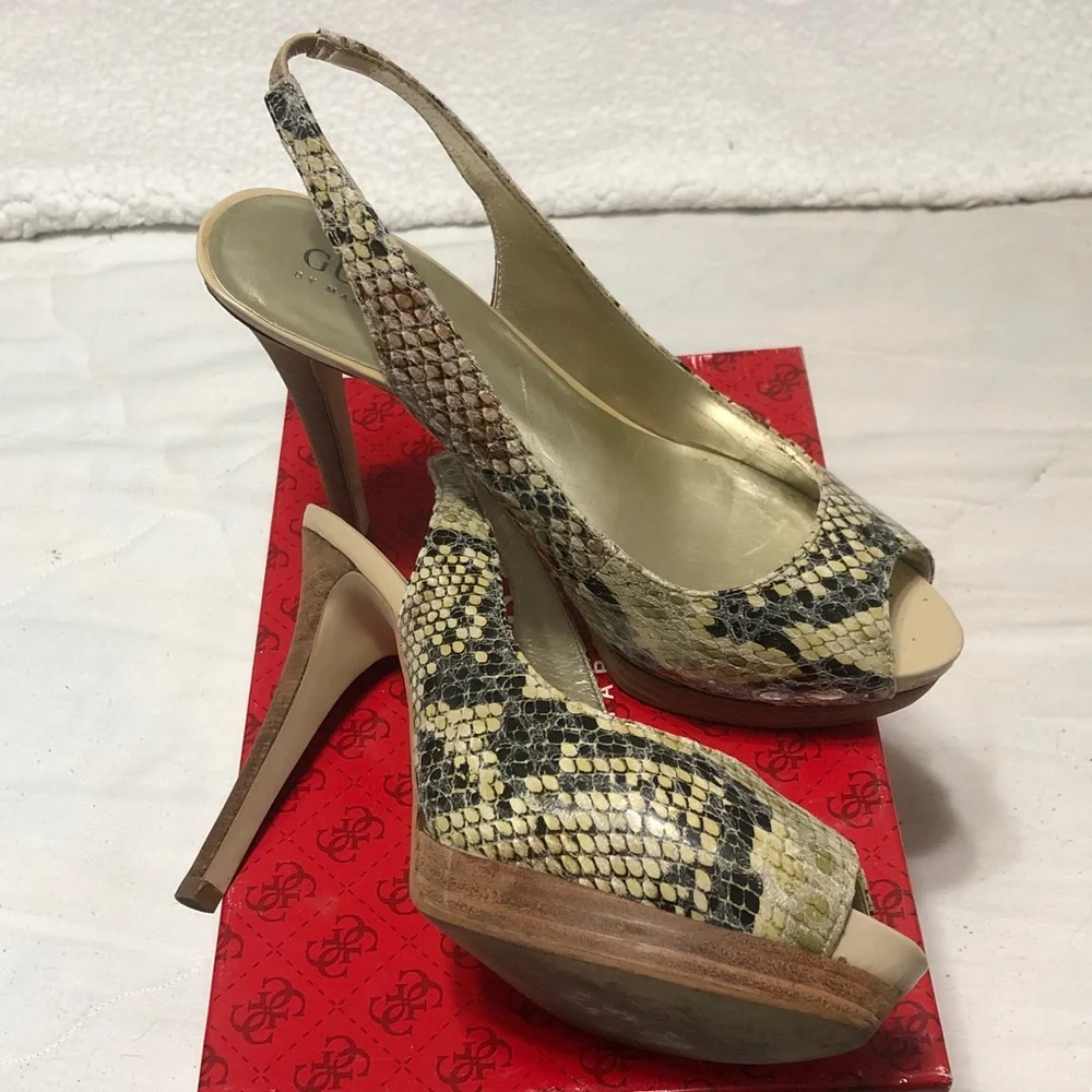 Guess by Marciano Snake-Print Peep Toe Slingback Heels in Cream, Black and Brown